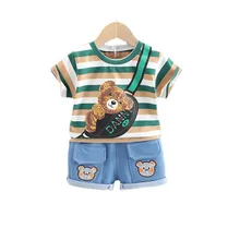 Ropa de verano a rayas para niños, Camiseta de algodón, pantalones cortos, conjunto de 2 unids/set, chándales de dibujos animados para niñas pequeñas