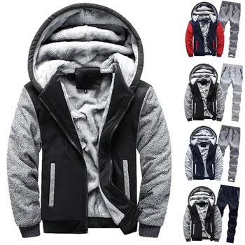

mens clothing Mens Hoodie Winter Warm Fleece Zipper Sweater Jacket Outwear Coat Top Pants Sets спортивный костюм мужской