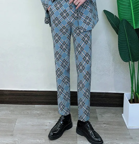 blue Only pant Ночной клуб прическа дивизион джентльмен проверить мужской костюм мужской самосовершенствование оба ряда пряжки маленький костюм Деловые дела - Цвет: blue Only pant