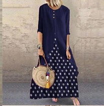 Новое Boho женское платье с длинным рукавом женское длинное Макси-кафтан платье плюс размер 5XL 5XL в горошек элегантное женское платье s Vestidos - Цвет: Тёмно-синий