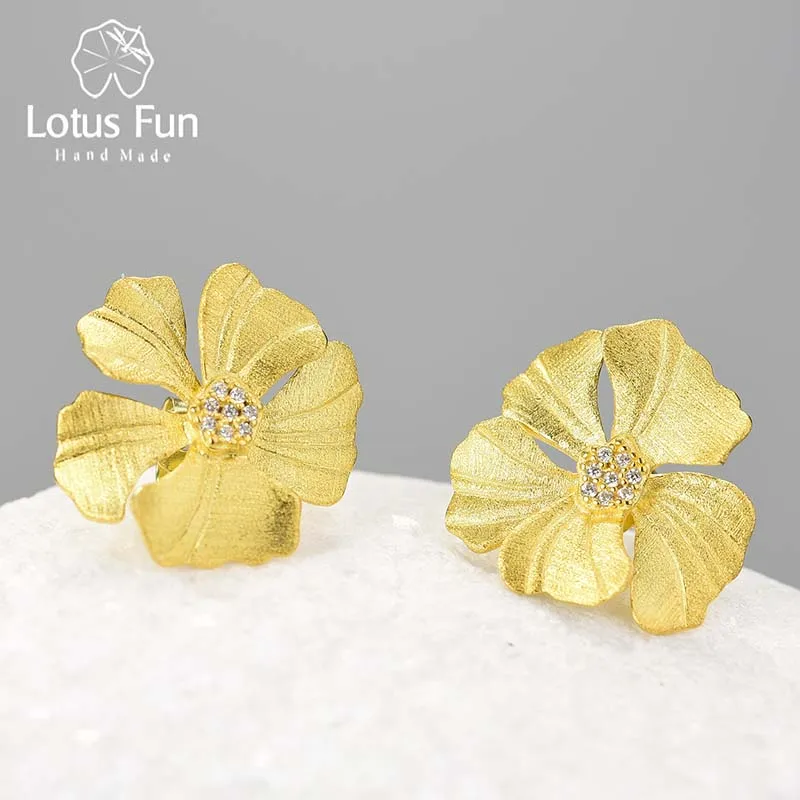 

Lotus Fun Real 925 Sterling Silver Natural Zircon Elegant Big Peony Flower Stud Earrings for Women 18K Gold Statement Jewelry