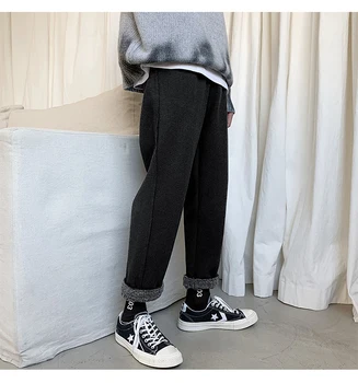 

2020 New Fashion Trend Casual Men's Warm Thick Woolen Pants Plush Stitching Korean Straight Tube Retro Wide Leg Falling Hip-Hop