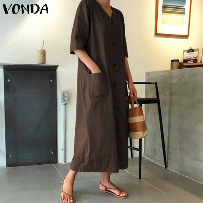 

Summer Dress VONDA Women Casual Loose Vintage Pockets V Neck Party Maxi Long Dress Plus Size Beach Sundress Casual Vestidos