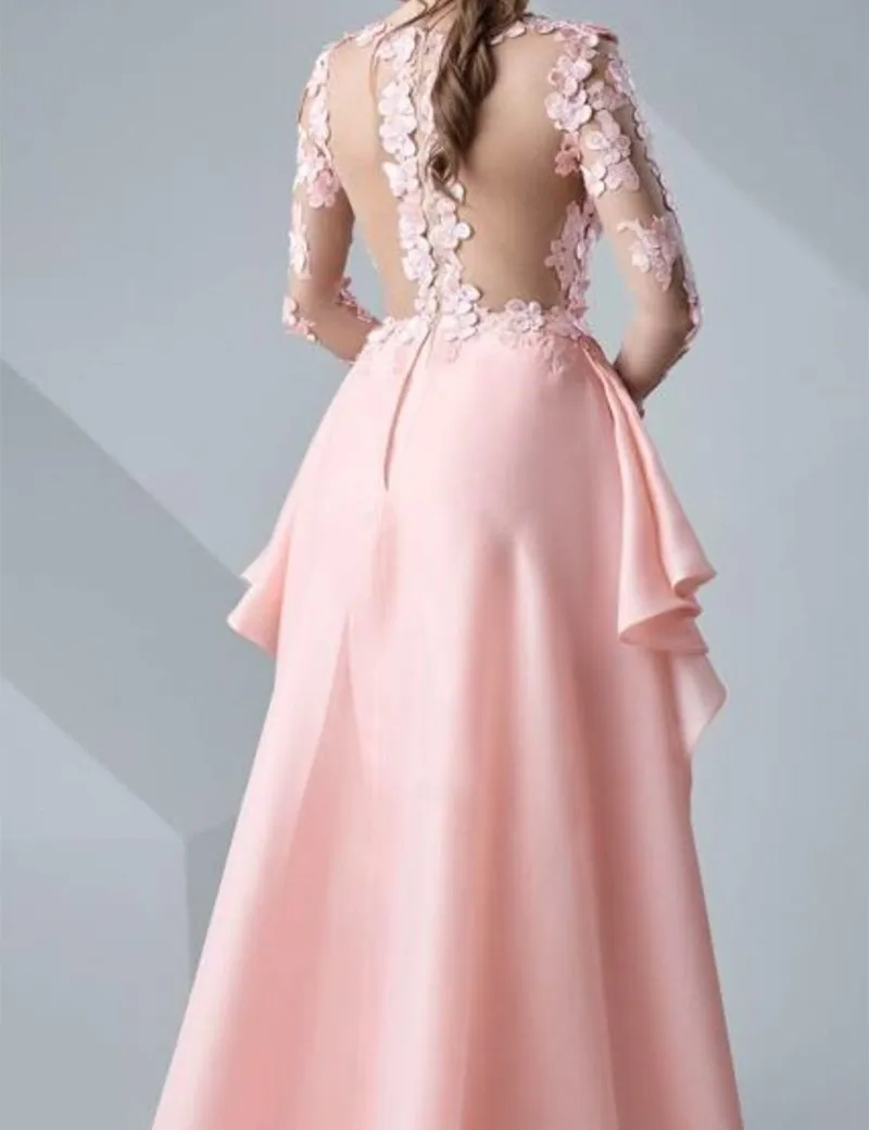 Saudi Arabia Formal Long Sleeve O-Neck Ruffles Tiers Elegant Pink Long Evening Sheer Back Abendkleider mother of the bride dress