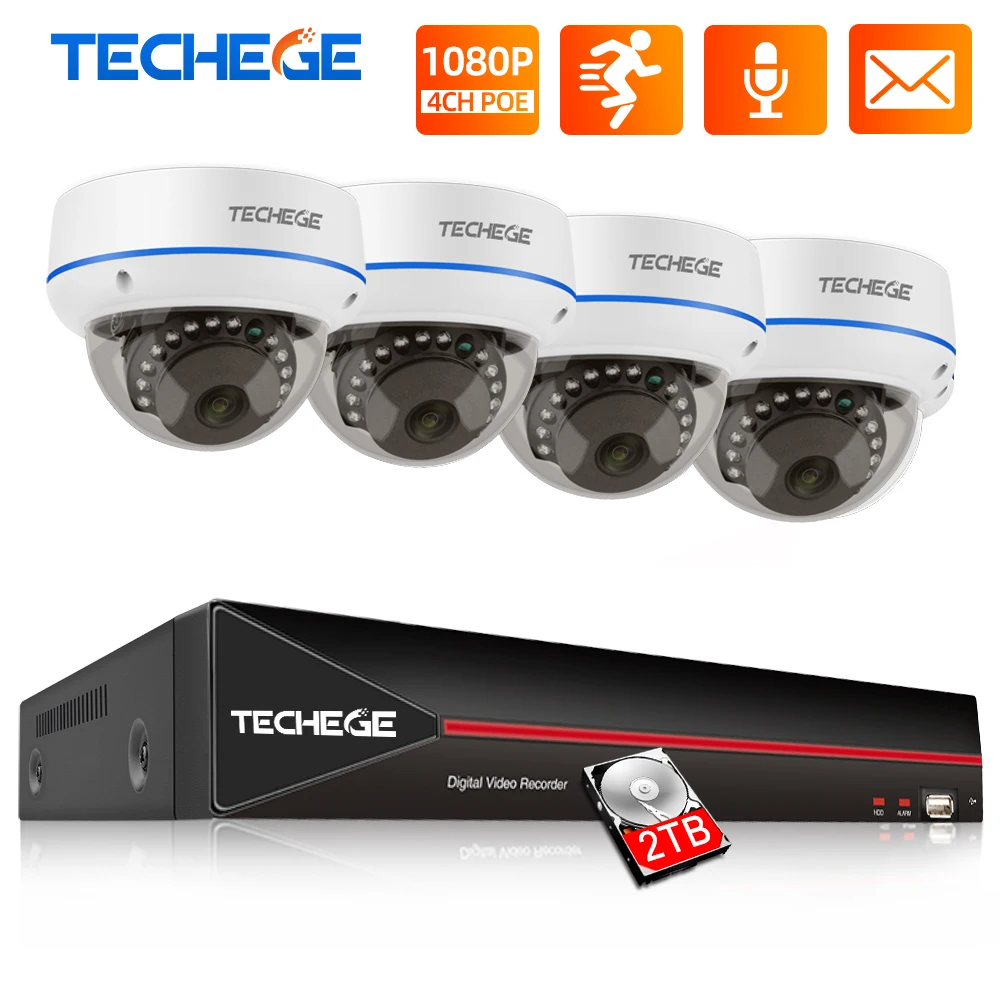 Комплект охранной системы видеонаблюдения Techege H.265 4 канала 1080P POE NVR 2 МП IP камера