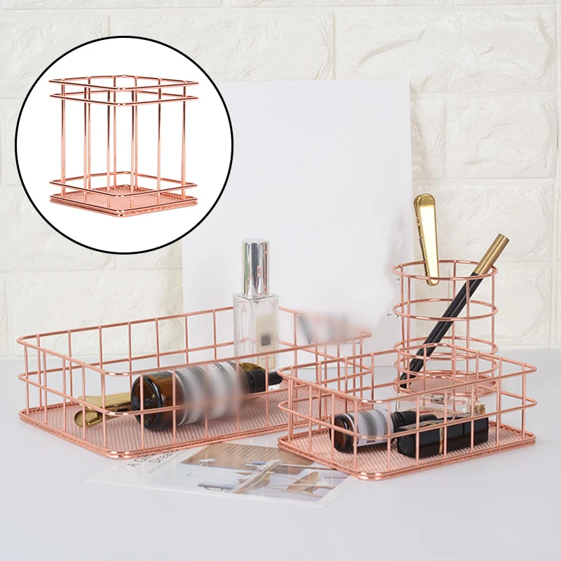 Rose Ouro Ferro Forjado Cestas De Armazenamento Rosa Acessórios Para Casa jandim organizaque Da Mesa De Escritório