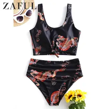 

ZAFUL Knot Ruched Dragon Print Tankini Swimsuit Tank Top Swimsuit Removable PaddedU Neck Elastic Crop Top Women Swimsuit Sets