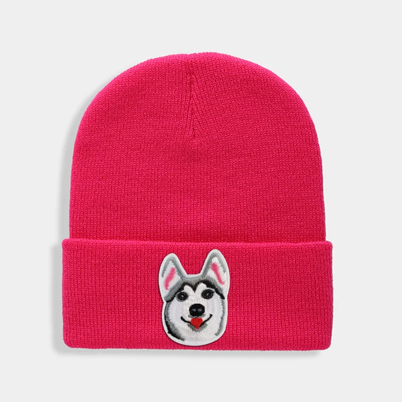Huskies Hats Fashion Patches Sweet Beanie For Unisex Winter Brimless Stretchy Bonnet Solid Color Outdoor Cap Knitted Beanie - Цвет: Rose