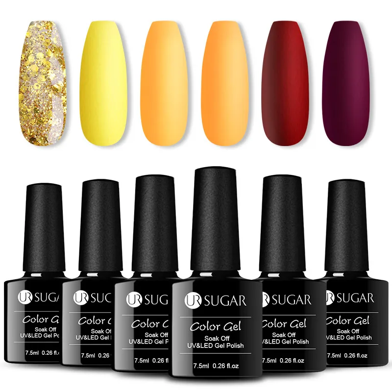 6pcsglass bottle1 Ur Sugar 8 шт./компл. матовый Цвет УФ лак для ногтей! полупостоянная Комплект гель-лака блеск Led Гель-лак для ногтей, наборы лаков, содержащий базовое, топовое покрытие - Цвет: 6pcsglass bottle1