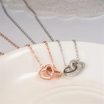 

925 Silver Double Round Love Necklace Heart-Shaped Clavicle Chain Women Jewelry Rose Gold Silver Pendant Love At First Sight 17"