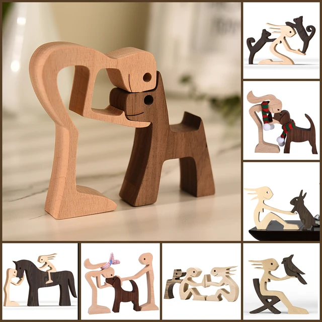 Family Puppy Wood Dog Craft Figurine Desktop Table Ornament Carving Model Home Office Decoration Pet Sculpture for Dog Lovers 1