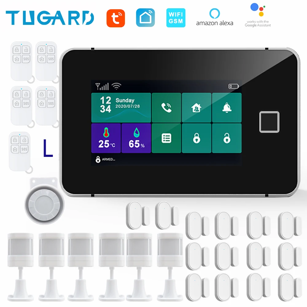 TUGARD G60 Tuya WiFi Gsm Security Alarm System Fingerprint Armed Temperature Humidity Display 433MHz Wireless Smart Home Burglar house alarm keypad Alarms & Sensors