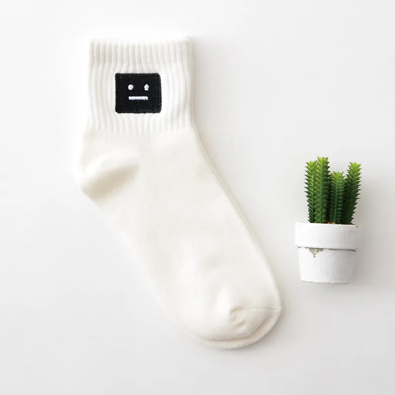 White Square face Мужские белые носки в стиле Харадзюку, унисекс, летние короткие носки, хипстер, скейтборд, забавные короткие носки, вышивка, кокс, убийца, кактус, монстр - Цвет: White Square face
