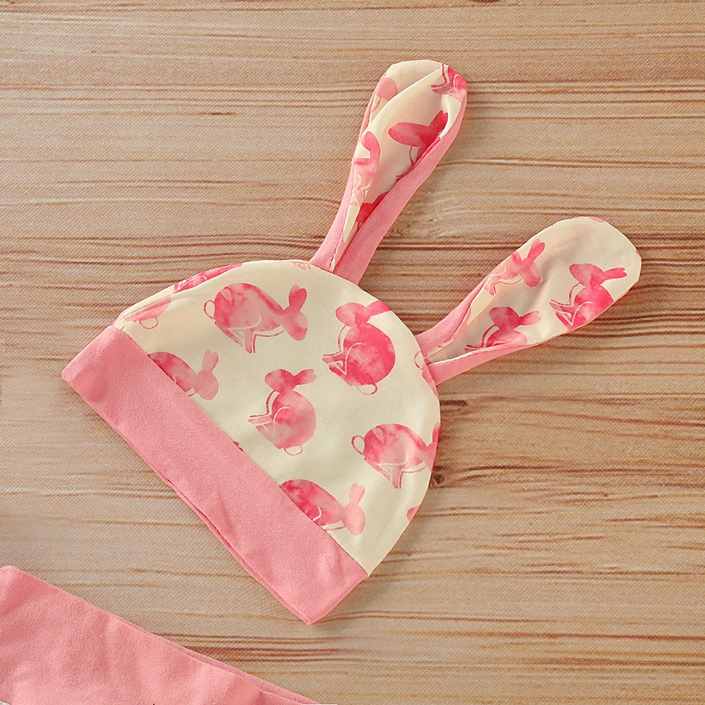 LOOZYKIT Summer 3PCS Set Toddler Newborn Baby Girl Boy Short Sleeve Outfits Set Lovely Bunny Cotton Tops Pants Hat Outfit