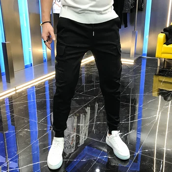 

Men's overalls 2020 autumn new trend personality Multi Pocket lace up letter embroidery mid waist length casual pants for men