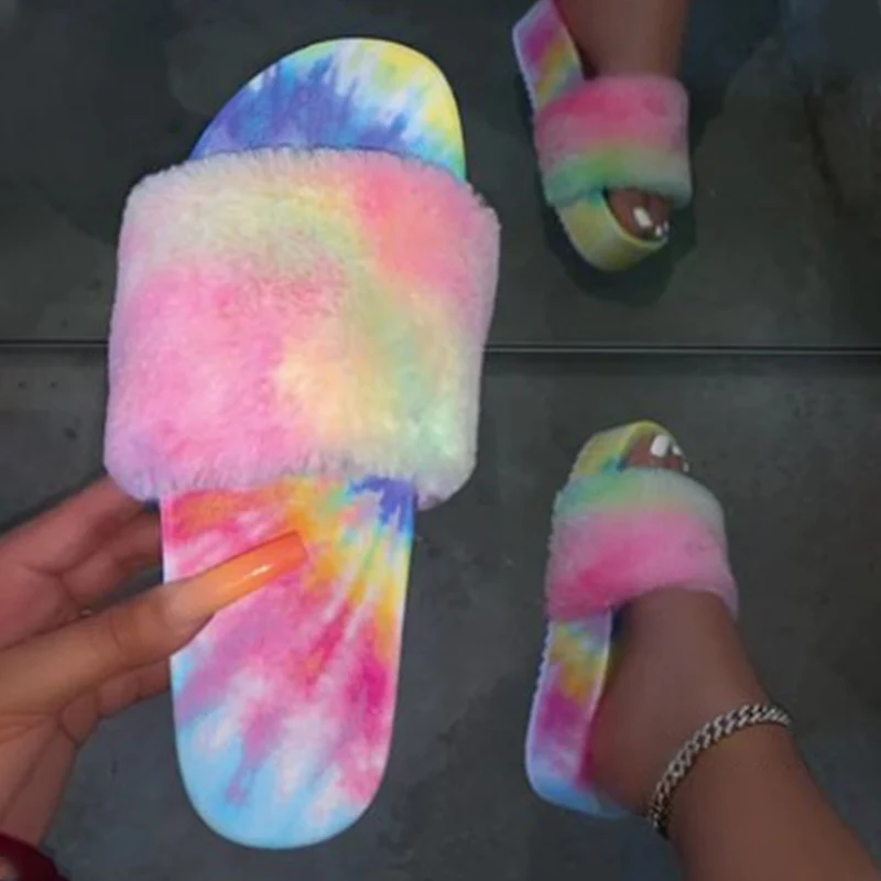 Fur Sliders Women Furry Slippers Woman Rainbow Color Shoes Female Casual Platform Flat Women