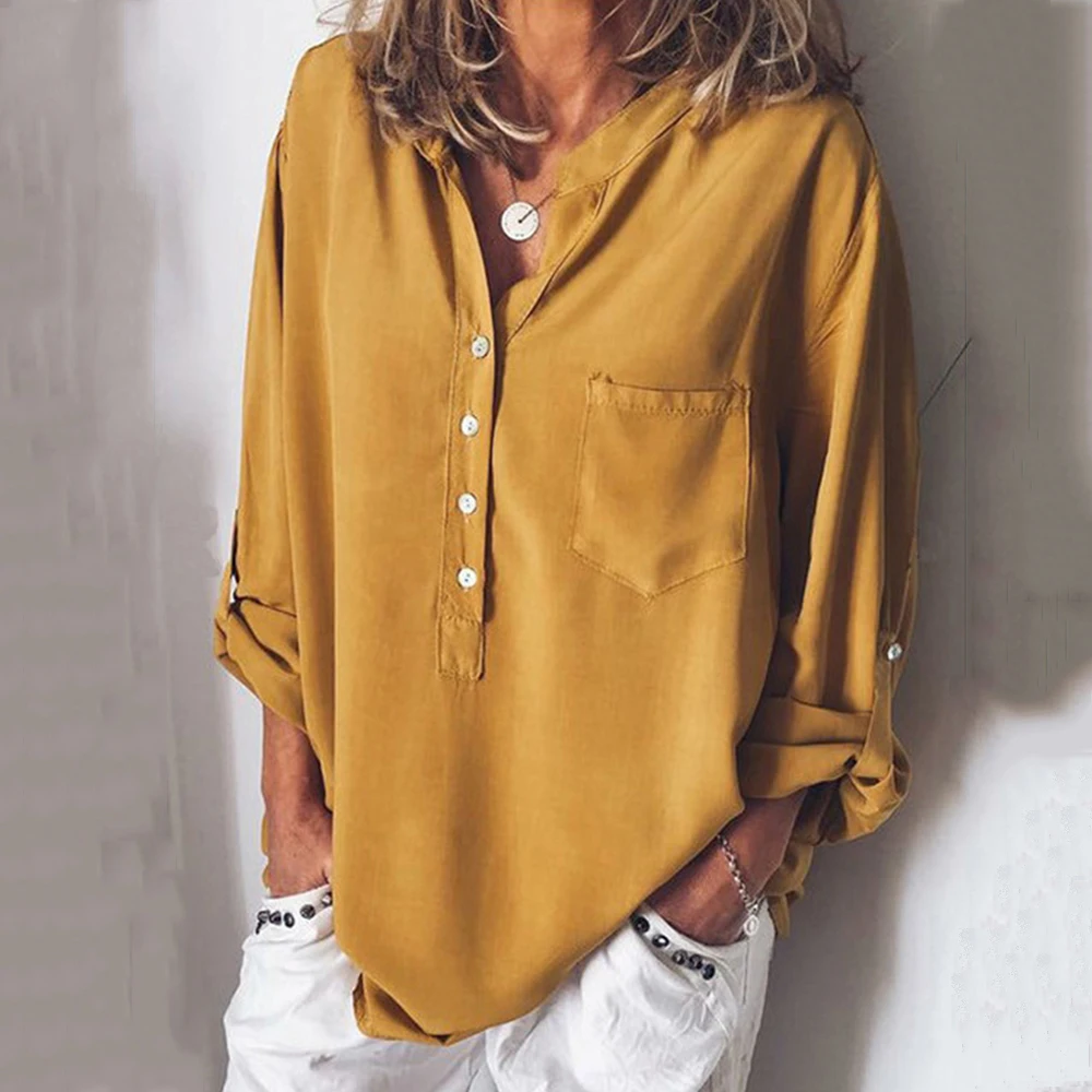 

Рубашки женские топы и блузки с длинным рукавом Осень 2020 Женская Повседневная белая однотонная Свободная рубашка с V-образным вырезом блузы в уличном стиле