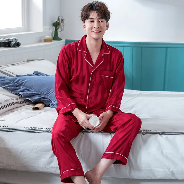 het kan Humaan troon Summer Mens Satin Pyjamas Set Home Clothes 2pcs Pojama Long Sleeve Men's  Sleepwear Pj With Button Thin Solid Loungewear Pajamas - Pajama Sets -  AliExpress