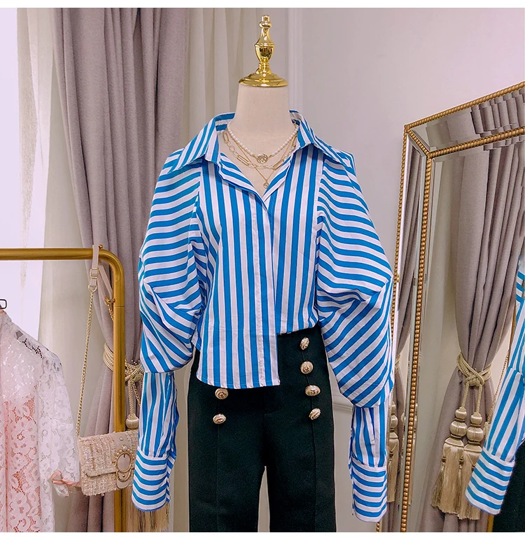 YEAR New Palace Puff Sleeves Women Blouse Striped Asymmetrical Casual Lady Shirt Clothes FOR Street