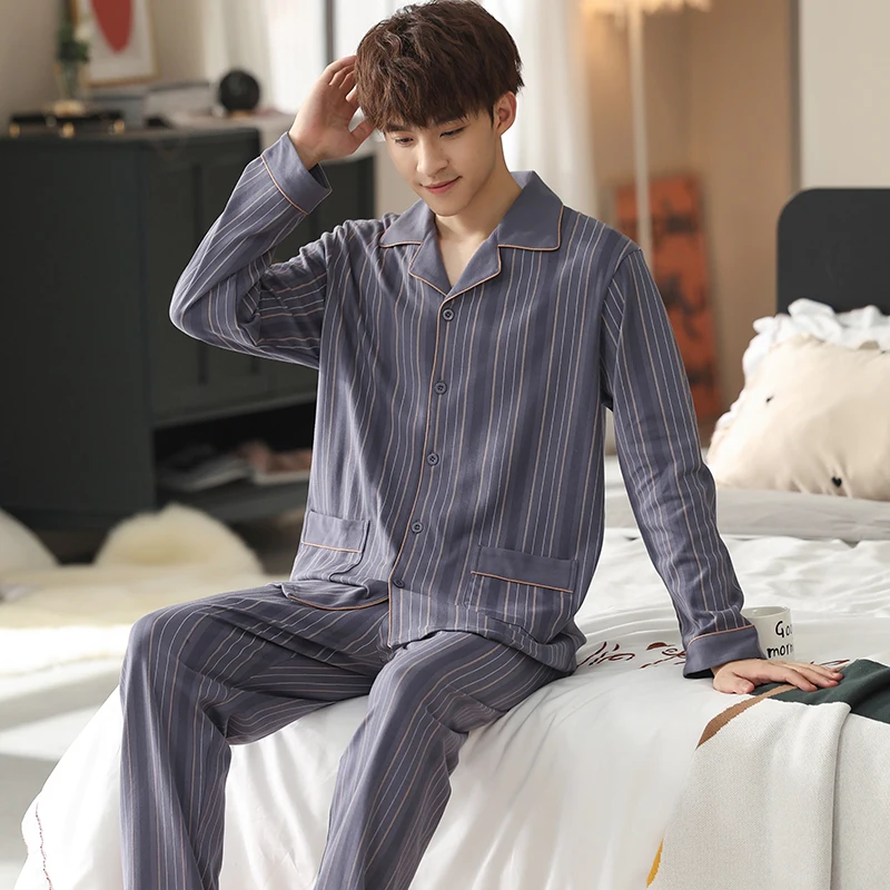 Full Pure Cotton Pijama for Men 2Piece Lounge Sleepwear Pyjamas Striped Autumn Bedgown Home Clothes Man PJs Cardigan Pajamas Set mens lounge wear Men's Sleep & Lounge