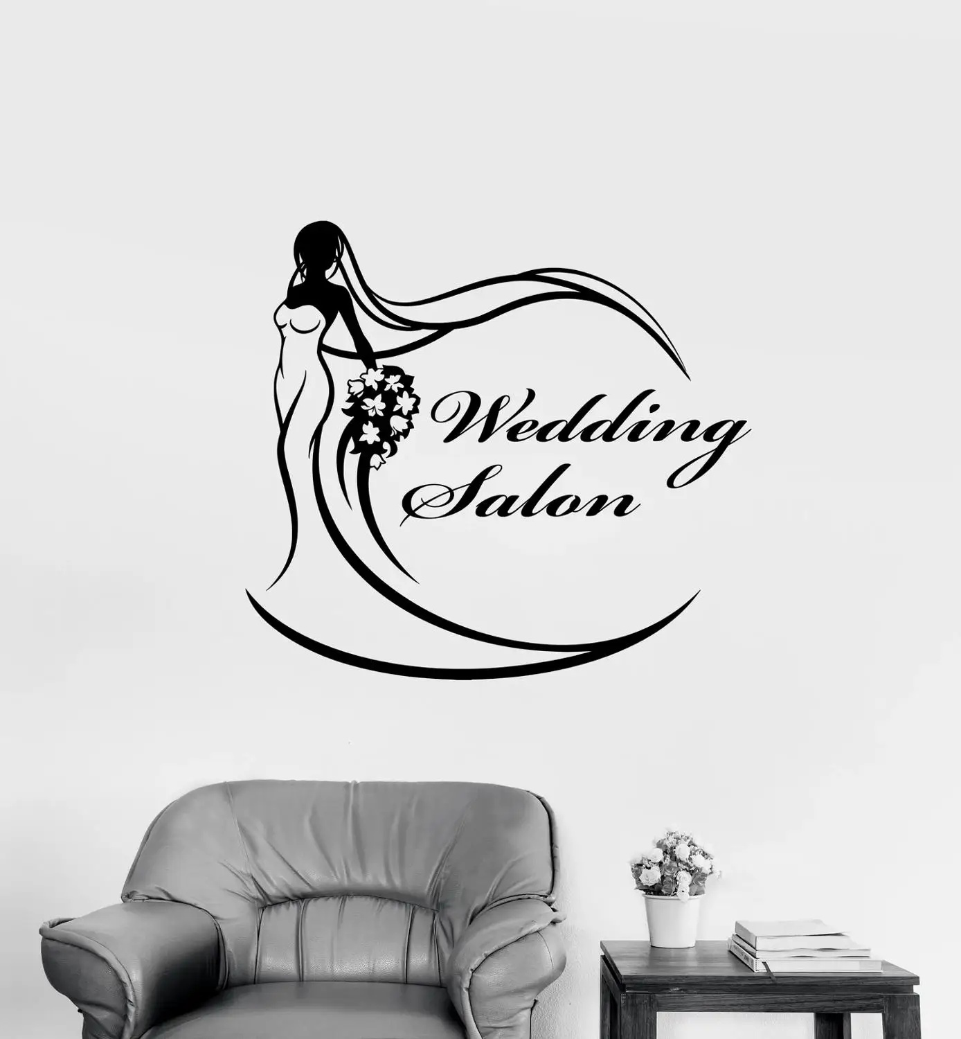 

Wedding Dress Salon Logo Vinyl Wall Decal Signboard Bride Wall Stickers For Studio or Store Show window, Custom Name Home LC1509