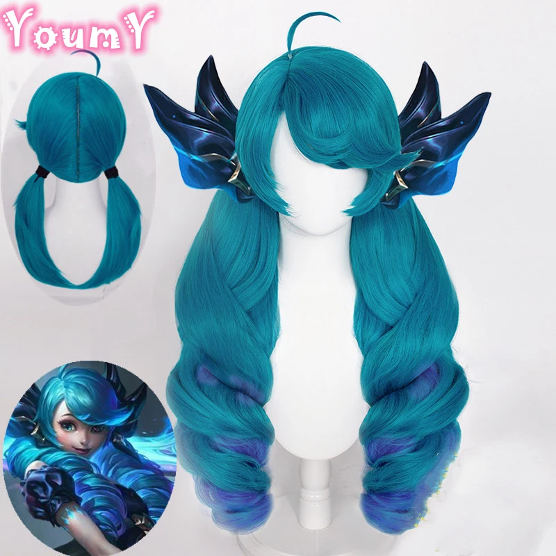 LOL Gwen Wig Women 83cm Long Spiral Blue Gradient Cosplay Anime Ponytail Heat Resistant Synthetic Wigs Hair | Тематическая одежда