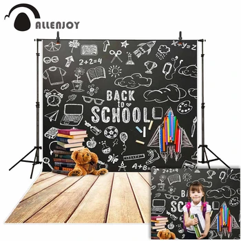 

Allenjoy Back to School Photophone Photocall Sketch Chalkboard Book Crayon Bear Wood Floor Backdrop Child Background Photography