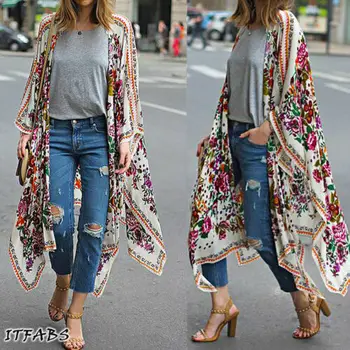 

Women Loose Floral Print Blouse Summer Casual Boho Chiffon Coat Shawl Kimono Cardigan Tops Plus Size 3XL
