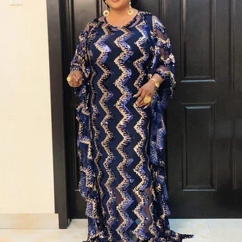 

African Women Robe Casual Oversized Summer Striped Sequins Two Piece Dress Long Ladies Loose Party Evening Maxi Vestidos