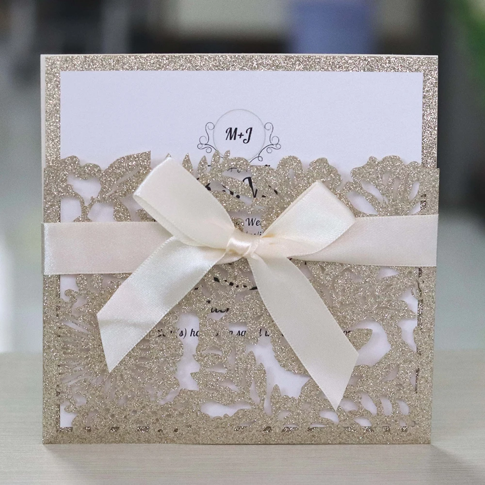  10pcs European-style Pocket Invitation Laser Hollow Invitation Silver Rose Gold Golden Powder Glitt - 4.0005E+12