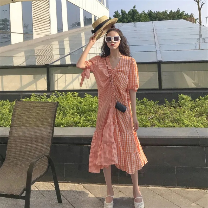 Limiguyue fashion plaid patchwork long summer dress korea chic patchwork drawstring dresses vestidos ruffles beach holiday Y167