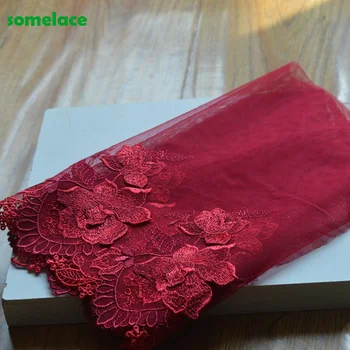 

2Yds/lot 23cm Wide Red Mesh 3D Dark Red Floral Pattern Embroidery High Quality Lace Trim For Garments Wedding 20204115