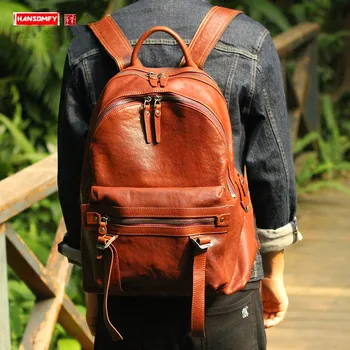 

Soft Leather Men's Backpack Retro Men Laptop Bag Male Shoulder Bag Schoolbag Travel Backpacks Casual Vegetable Tanned Leather