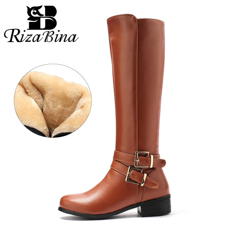 

RIZABINA Plus Size 34-46 Women Knee High Boots Buckle With Zip Retro Women's Motorcycle Boots Thick Fur Warm Winter Snow Boots