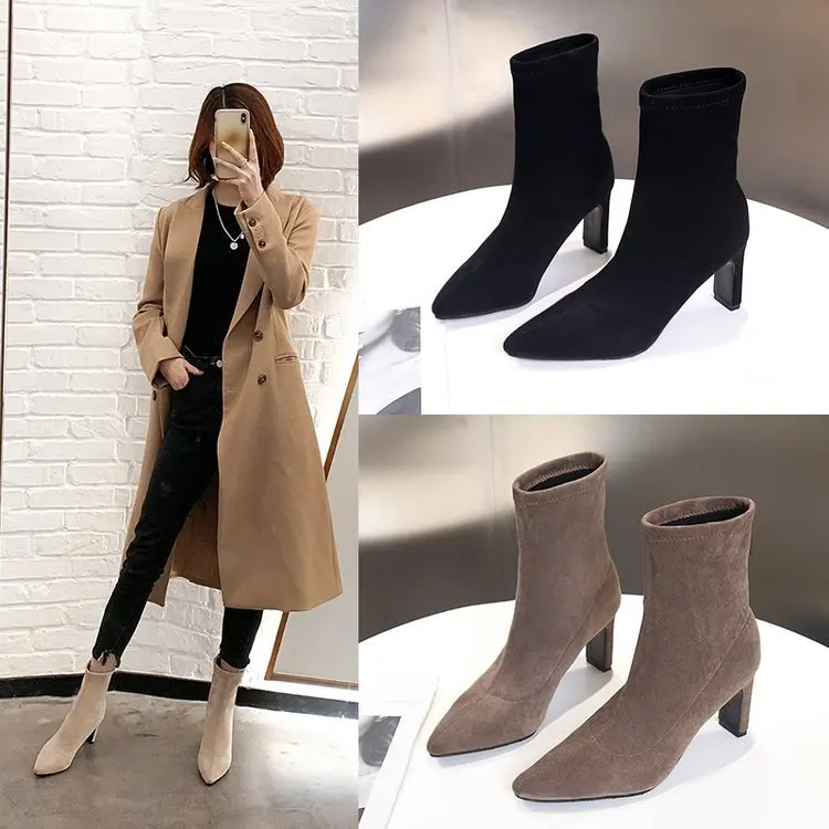 Skup Ho podłoże z 2019 szpiczasty botki damskie szpilki zamszowe moda dzikie Slim elastyczne buty wygodne utrzymać ciepłe trzy kolory opcjonalnie