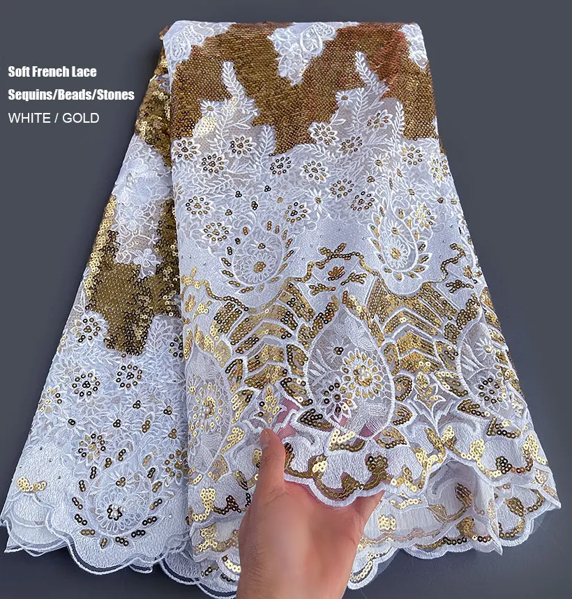 White Gold 5 yards very Soft Shiny African French Lace Korea Fabric Top Class Nigerian Dubai Occasional Sewing Clothes Gown