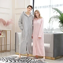 Осенне-зимняя Ночная рубашка на молнии, теплый халат, фланелевый Халат, парный халат с карманом, Одноцветный модный длинный домашний халат с капюшоном