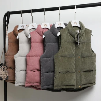 

New Winter Fashion Women Thick Vest Coat Warm Short Mandarin Collar Waistcoat Corduroy Cotton Jacket Vests Female Parkas
