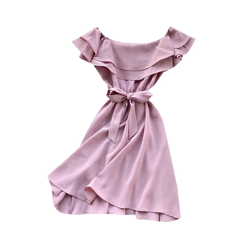 SINGRAIN Summer Women Off Shoulder Dress Bohemian Romantic Ruffle Sundress Party Holiday A-Line Retro Solid Chiffon Beach Dress