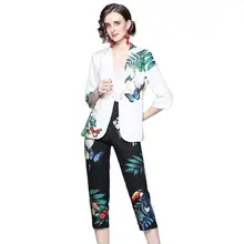 

Elegant Lady Office Two Piece Pants Outfits Runway Fashion Women's Spring Autumn Suit Notched Collar Print Blazer Trousers Sets