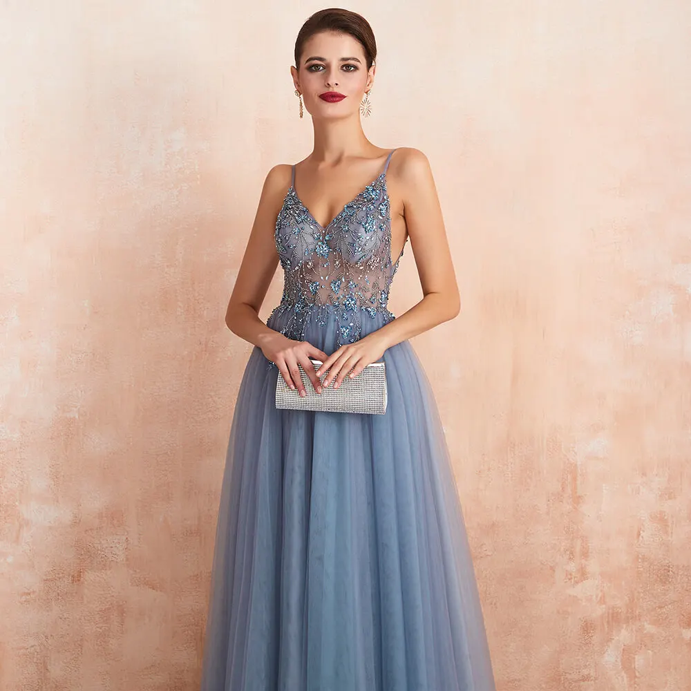 Vestidos De Gala сексуальное длинное Тюлевое вечернее платье с глубоким v-образным вырезом, бисерное вечернее платье с открытой спиной и разрезом