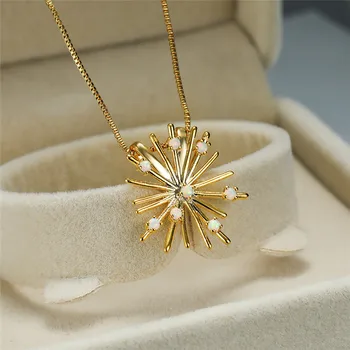 

Cute Female Big Snowflake Pendant Necklace Opal Round Stone Gold Chain Necklaces For Women Fashion Wedding Dainty Necklace