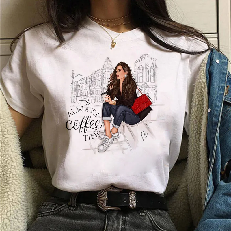 Fashion Women T Shirt Coffee Time and Girl Printed T Shirt Female Summer Casual Tops Tee 90s Girls Harajuku Cute Women T-shirts sport t shirt