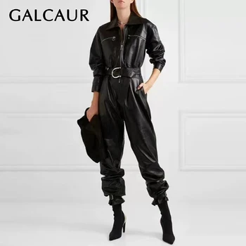 

GALCAUR Casual PU Leather Jumpsuits Women Lapel Collar Long Sleeve High Waist Straight Jumpsuit For Female Fashion 2020 Clothing