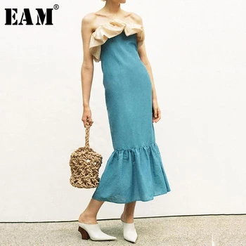 

[EAM] Women Pleated Spliced Mixed Color Backless Dress New Slash Neck Sleeveless Loose Fit Fashion Tide Spring Autumn 2020 1B135