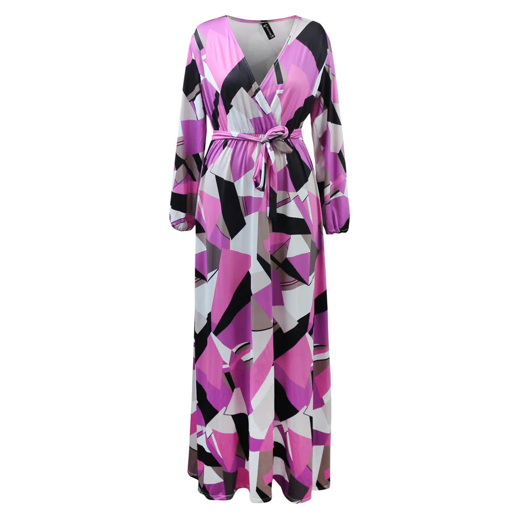 Tide Pop Koop Hoge Kwaliteit модная женская повседневная одежда с принтом V-hals Lange Mouwen повязка Losse Lange Jurk Fashion