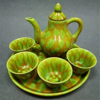 

A Set 6 Pcs Collection China Jingdezhen Porcelain Green Background Tiger Spot Glaze Tea Set Teacup Wine Pot Home Decoration