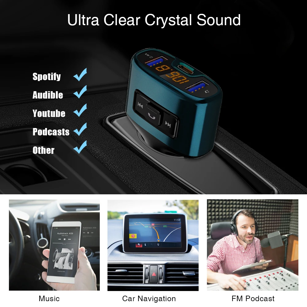Prazata Bluetooth Автомобильный fm-передатчик Handsfree TYPE-C двойной usb зарядка Автомобильный MP3-плеер автомобильный bluetooth-комплект Передача аудио зарядки