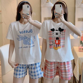 

2020 Summer Short Sleeve 100% Cotton Shorts Pajama Sets for Women Cute Cartoon Sleepwear Suit Homewear Pijama Mujer Home Clothes