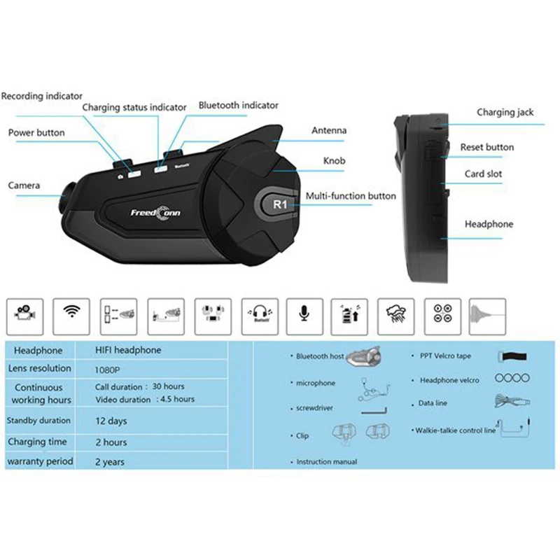 FreedConn мотоциклетный видеорегистратор, универсальный 1080P мотоцикл wifi Bluetooth 4,1 шлем гарнитура домофон с водонепроницаемым wifi Functi